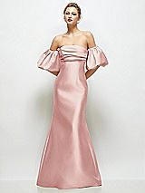 Front View Thumbnail - Rose Off-the-Shoulder Puff Sleeve Satin Maxi Dress with Flared Skirt