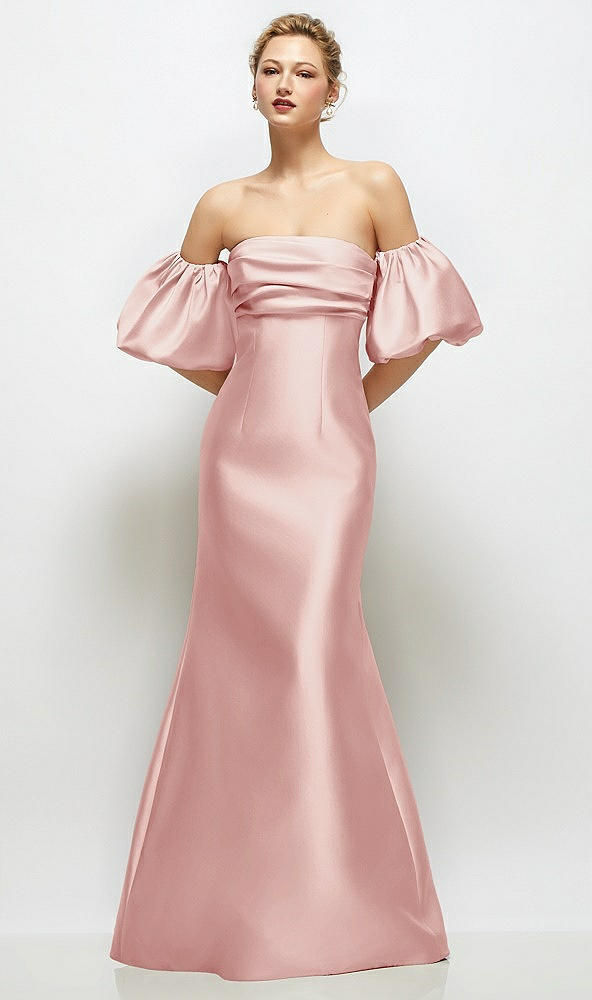Front View - Rose Off-the-Shoulder Puff Sleeve Satin Maxi Dress with Flared Skirt