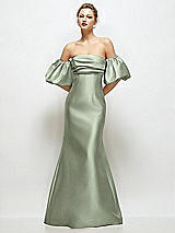 Front View Thumbnail - Sage Off-the-Shoulder Puff Sleeve Satin Maxi Dress with Flared Skirt