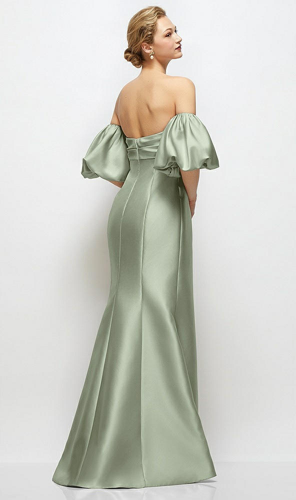 Back View - Sage Off-the-Shoulder Puff Sleeve Satin Maxi Dress with Flared Skirt