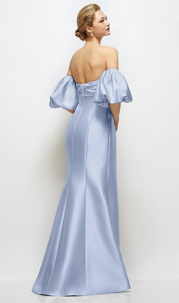 Back View - Sky Blue Off-the-Shoulder Puff Sleeve Satin Maxi Dress with Flared Skirt