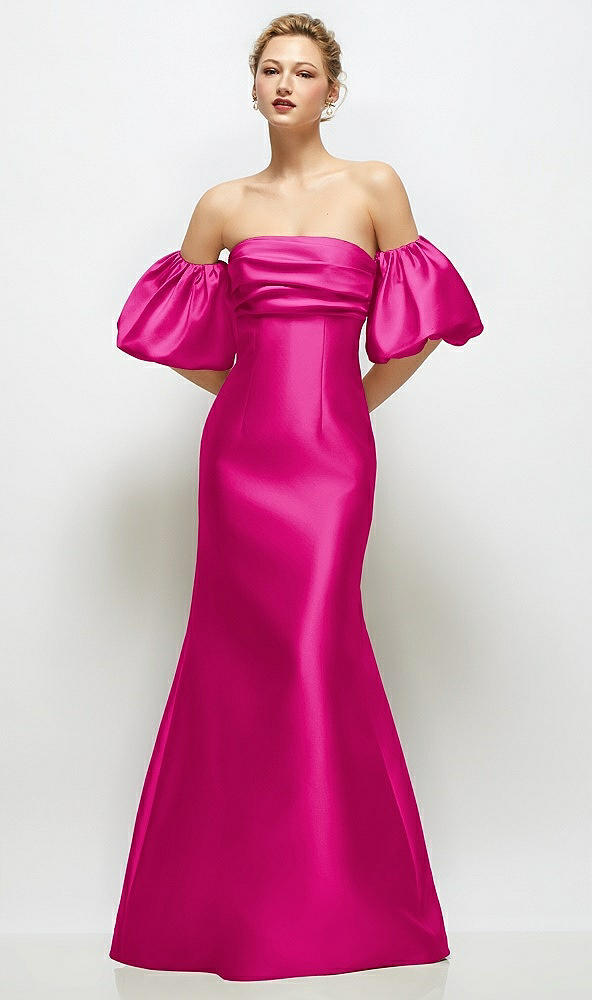 Front View - Think Pink Off-the-Shoulder Puff Sleeve Satin Maxi Dress with Flared Skirt