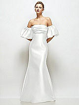 Front View Thumbnail - White Off-the-Shoulder Puff Sleeve Satin Maxi Dress with Flared Skirt