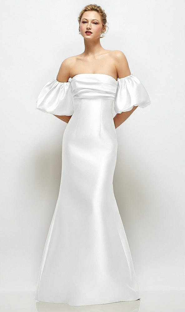 Front View - White Off-the-Shoulder Puff Sleeve Satin Maxi Dress with Flared Skirt