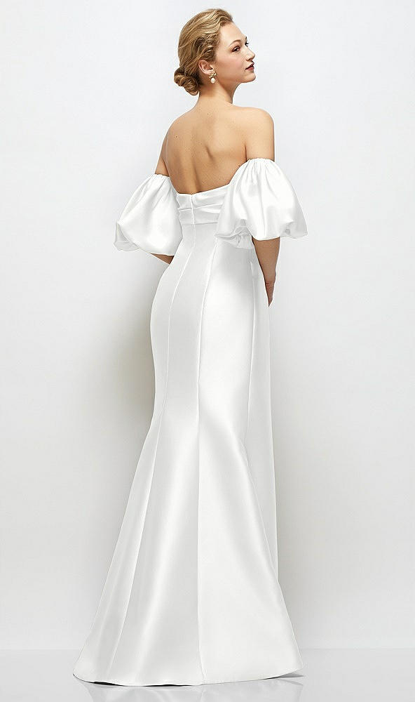 Back View - White Off-the-Shoulder Puff Sleeve Satin Maxi Dress with Flared Skirt