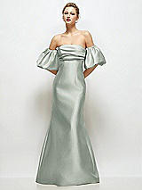 Front View Thumbnail - Willow Green Off-the-Shoulder Puff Sleeve Satin Maxi Dress with Flared Skirt