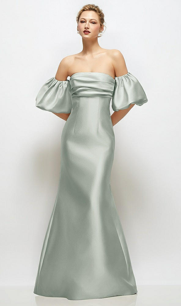 Front View - Willow Green Off-the-Shoulder Puff Sleeve Satin Maxi Dress with Flared Skirt