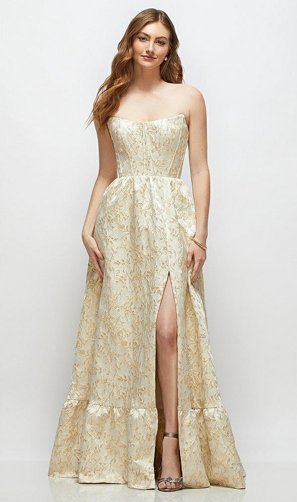 Front View - Champagne Filigree Strapless Cat-Eye Boned Bodice Brocade Maxi Dress with Ruffle Hem