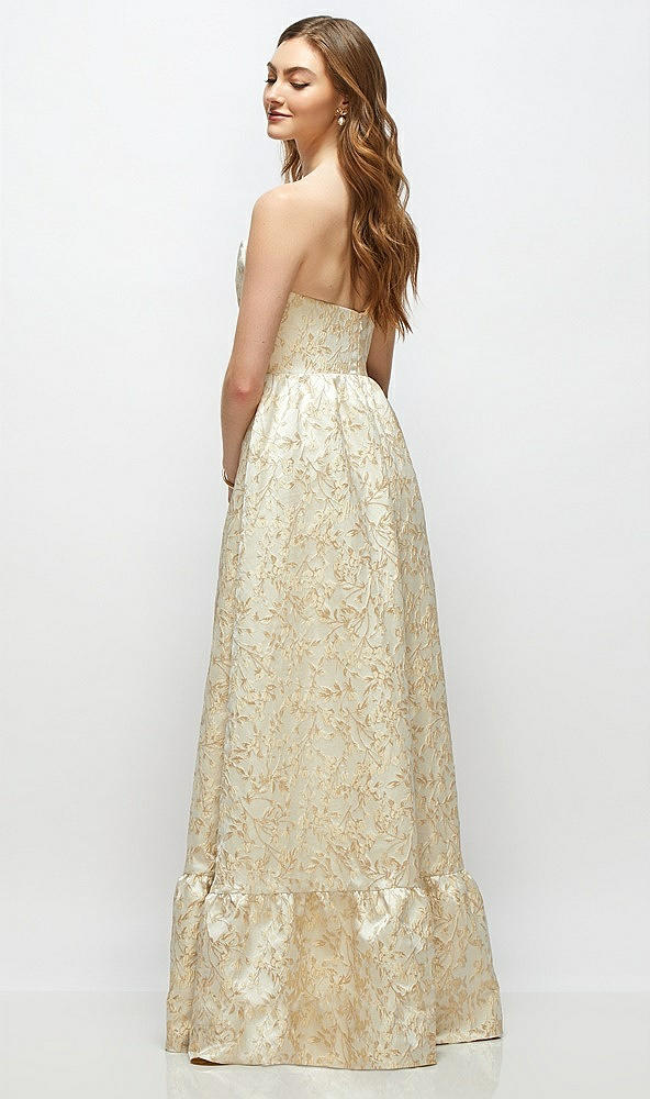 Back View - Champagne Filigree Strapless Cat-Eye Boned Bodice Brocade Maxi Dress with Ruffle Hem
