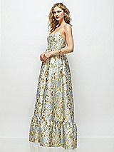 Side View Thumbnail - Winter Mist Strapless Cat-Eye Boned Bodice Gold Leaf Brocade Maxi Dress with Ruffle Hem