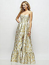 Front View Thumbnail - Winter Rose Strapless Cat-Eye Boned Bodice Gold Leaf Brocade Maxi Dress with Ruffle Hem