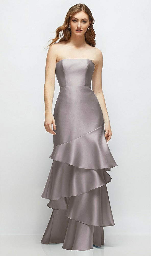 Front View - Cashmere Gray Strapless Bodycon Maxi Dress with Tiered Ruffle Skirt