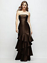 Front View Thumbnail - Espresso Strapless Bodycon Maxi Dress with Tiered Ruffle Skirt