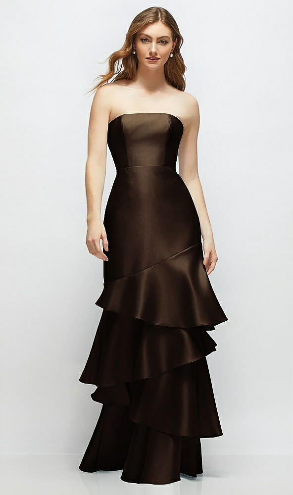 Front View - Espresso Strapless Bodycon Maxi Dress with Tiered Ruffle Skirt