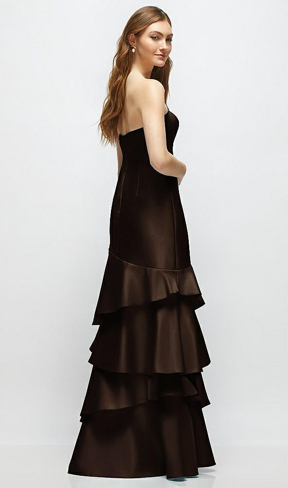 Back View - Espresso Strapless Bodycon Maxi Dress with Tiered Ruffle Skirt