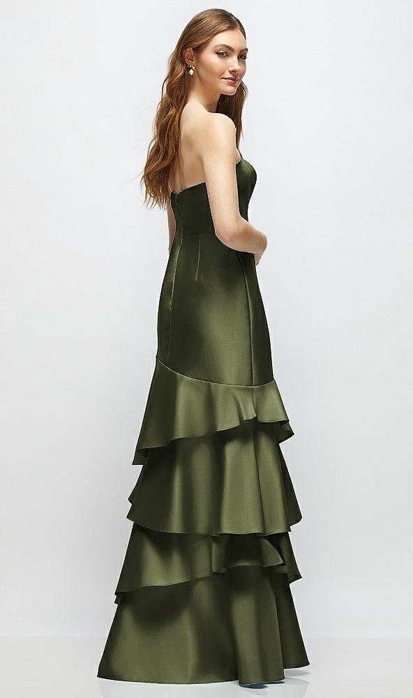 Back View - Olive Green Strapless Bodycon Maxi Dress with Tiered Ruffle Skirt