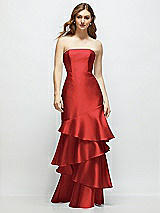 Front View Thumbnail - Poppy Red Strapless Bodycon Maxi Dress with Tiered Ruffle Skirt