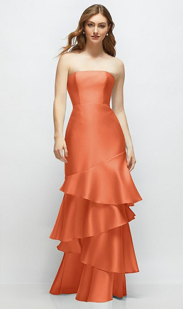 Front View - Portofino Orange Strapless Bodycon Maxi Dress with Tiered Ruffle Skirt