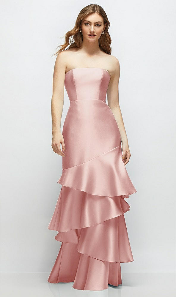 Front View - Rose Strapless Bodycon Maxi Dress with Tiered Ruffle Skirt
