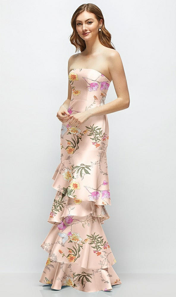 Front View - Butterfly Botanica Pink Sand Floral Strapless Bodycon Maxi Dress with Tiered Ruffle Skirt