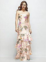 Side View Thumbnail - Butterfly Botanica Pink Sand Floral Strapless Bodycon Maxi Dress with Tiered Ruffle Skirt