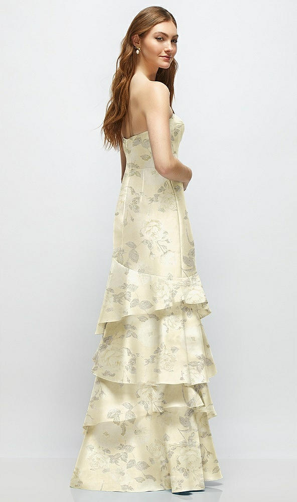 Back View - Butter Yellow Floral Floral Strapless Bodycon Maxi Dress with Tiered Ruffle Skirt