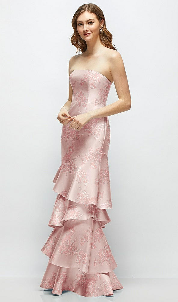 Front View - Bow And Blossom Print Floral Strapless Bodycon Maxi Dress with Tiered Ruffle Skirt