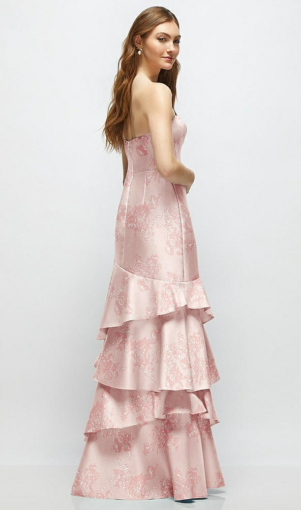 Back View - Bow And Blossom Print Floral Strapless Bodycon Maxi Dress with Tiered Ruffle Skirt