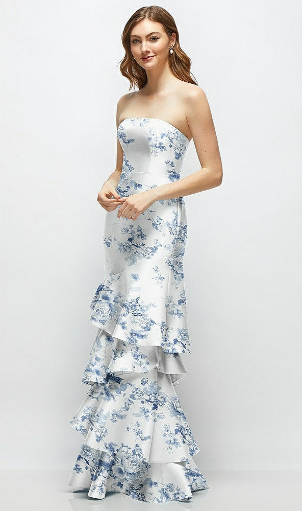Front View - Cottage Rose Larkspur Floral Strapless Bodycon Maxi Dress with Tiered Ruffle Skirt