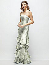 Front View Thumbnail - Sage Cottage Rose Floral Strapless Bodycon Maxi Dress with Tiered Ruffle Skirt