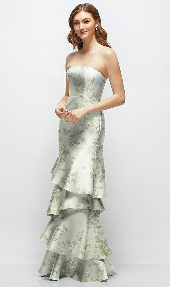 Front View - Sage Cottage Rose Floral Strapless Bodycon Maxi Dress with Tiered Ruffle Skirt
