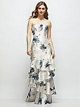 Side View Thumbnail - Inkwash Blue Floral Floral Strapless Bodycon Maxi Dress with Tiered Ruffle Skirt