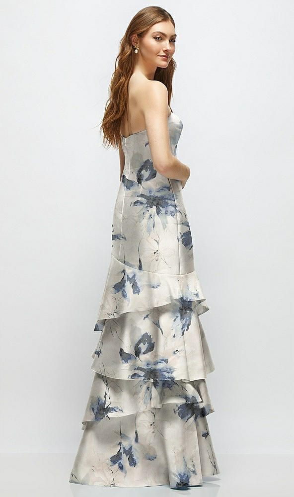 Back View - Inkwash Blue Floral Floral Strapless Bodycon Maxi Dress with Tiered Ruffle Skirt