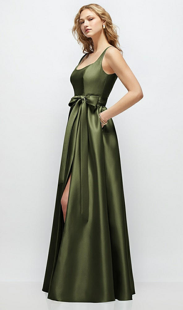 Front View - Olive Green Scoop-Neck Tank Bodice Maxi Dress with Full Skirt