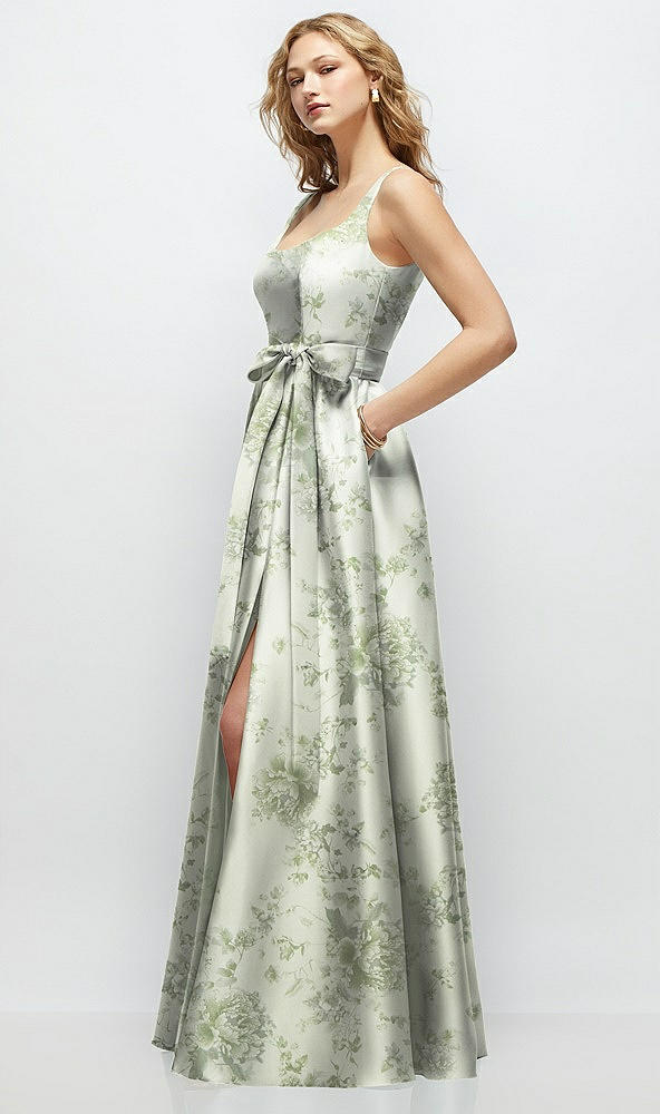 Front View - Sage Cottage Rose Floral Scoop-Neck Tank Bodice Maxi Dress with Full Skirt