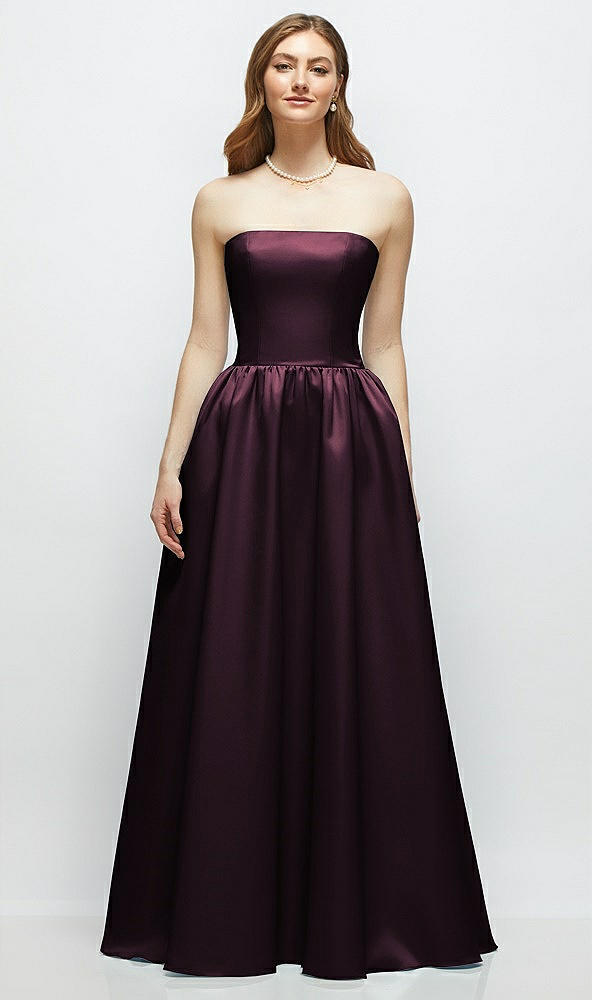 Front View - Deep Plum Strapless Satin Drop Waist Gown with Full Skirt