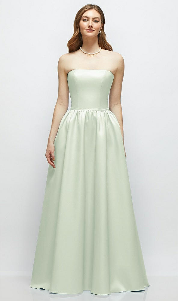 Front View - Mint Green Strapless Satin Drop Waist Gown with Full Skirt