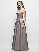 Side View Thumbnail - Cashmere Gray Strapless Satin Drop Waist Gown with Full Skirt