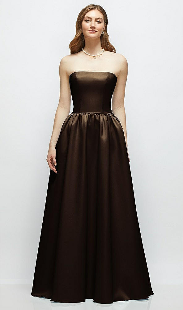 Front View - Espresso Strapless Satin Drop Waist Gown with Full Skirt