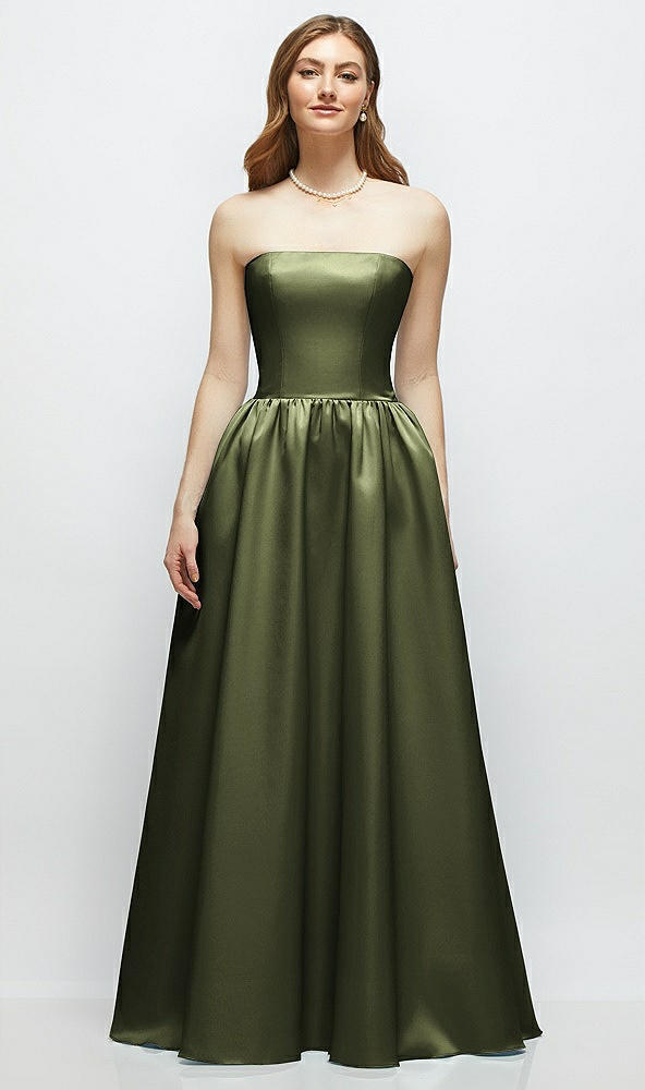 Front View - Olive Green Strapless Satin Drop Waist Gown with Full Skirt