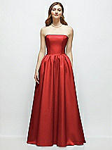 Front View Thumbnail - Poppy Red Strapless Satin Drop Waist Gown with Full Skirt