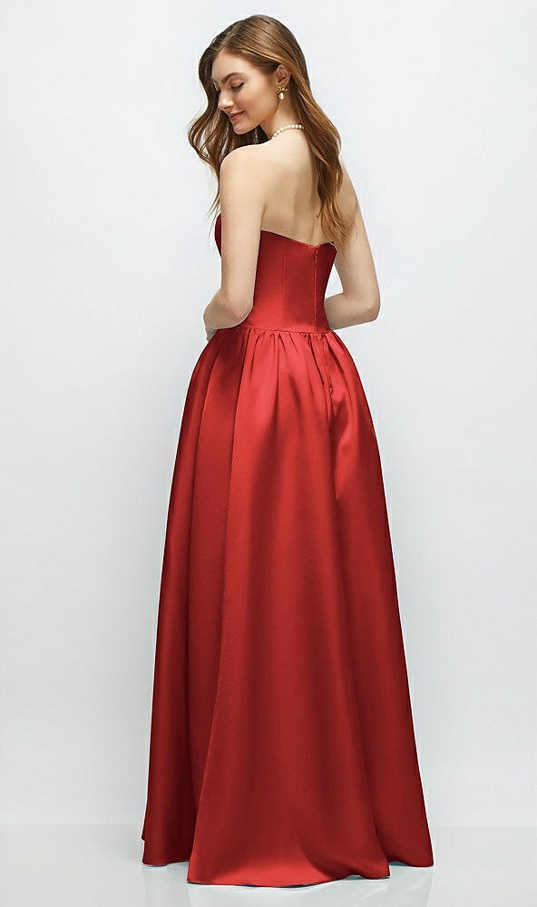 Back View - Poppy Red Strapless Satin Drop Waist Gown with Full Skirt