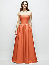 Front View Thumbnail - Portofino Orange Strapless Satin Drop Waist Gown with Full Skirt