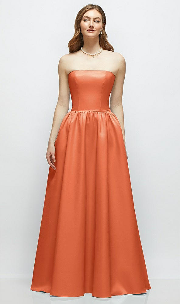 Front View - Portofino Orange Strapless Satin Drop Waist Gown with Full Skirt