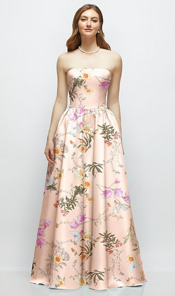 Front View - Butterfly Botanica Pink Sand Floral Strapless Satin Drop Waist Gown with Full Skirt