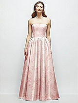 Front View Thumbnail - Bow And Blossom Print Floral Strapless Satin Drop Waist Gown with Full Skirt