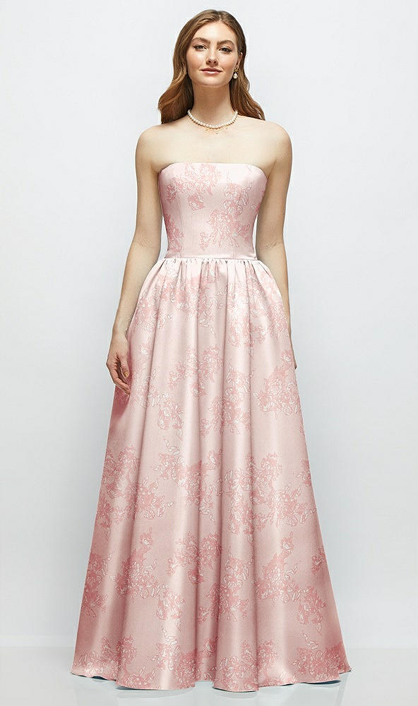 Front View - Bow And Blossom Print Floral Strapless Satin Drop Waist Gown with Full Skirt