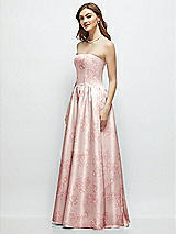 Side View Thumbnail - Bow And Blossom Print Floral Strapless Satin Drop Waist Gown with Full Skirt