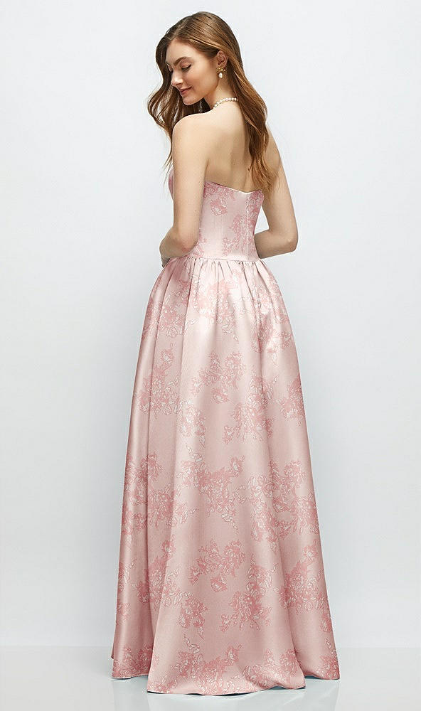 Back View - Bow And Blossom Print Floral Strapless Satin Drop Waist Gown with Full Skirt