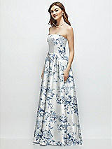 Side View Thumbnail - Cottage Rose Larkspur Floral Strapless Satin Drop Waist Gown with Full Skirt